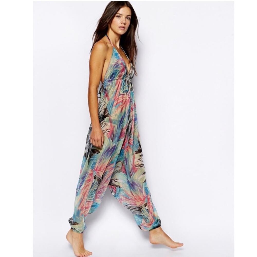 ASOS sheer blue tropical floral swim coverup jumpsuit plunge neck open low back - Picture 6 of 6
